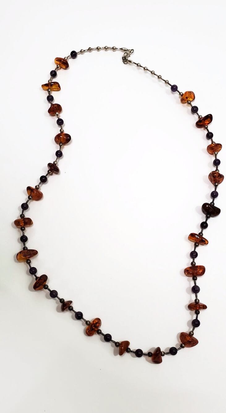 Vintage Amber Chip Amethyst Sterling Silver Bead Necklace 28"